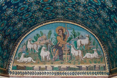 Buon pastore. Mosaico della lunetta sopra la porta d