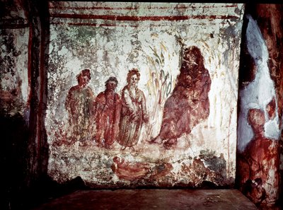 Arte paleocristiana: Mosè salvato dalle acque del Nilo dalla figlia del Faraone. Affresco della Catacomba di Via Latina, Roma da Paleo Christian