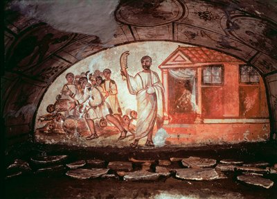 Arte paleocristiana: Sansone massacra i Filistei con la mascella di un asino. Affresco delle Catacombe di Via Latina a Roma da Paleo Christian