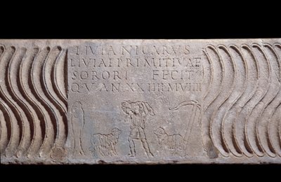 Arte paleocristiana: frammento di sarcofago con Buon Pastore ed epitaffio di Livia Primitiva da Paleo Christian