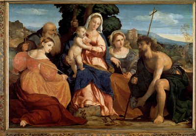 Vergine con bambino con Santa Caterina e San Celestino (a sinistra) e Giovanni Battista e Barbara (a destra) (dipinto) da Palma Il Giovane
