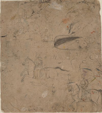 Pagina di un taccuino che mostra sovrani a cavallo, cinghiali e una scena di palazzo, fine XVIII secolo da Pandit Seu