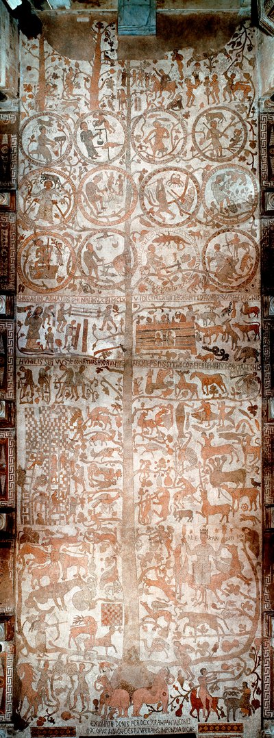 La creazione del mondo, Adamo ed Eva, scene bibliche e segni dello zodiaco. Veduta della totalità dei mosaici di Pantaleone, sacerdote Moassete (XII secolo) che coprono il pavimento della navata della cattedrale di Otranto, Italia da Pantaleon Pantaleon