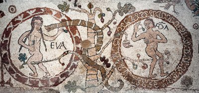 La tentazione di Adamo ed Eva. Mosaico di Pantaleone, sacerdote e mosaicista. 1163-1166. Navata centrale della Cattedrale di Otranto, Italia da Pantaleon Pantaleon