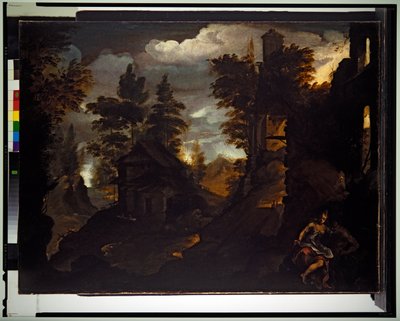 Una ninfa e un satiro vicino a un edificio in rovina in un paesaggio boscoso roccioso da Paolo (1540 96) Fiammingo