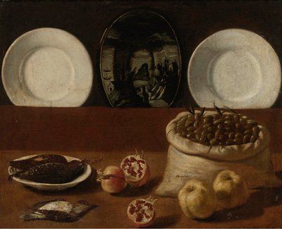 Natura morta con piatti, sacco di olive, selvaggina, melograni e cotogna da Paolo Antonio Barbieri