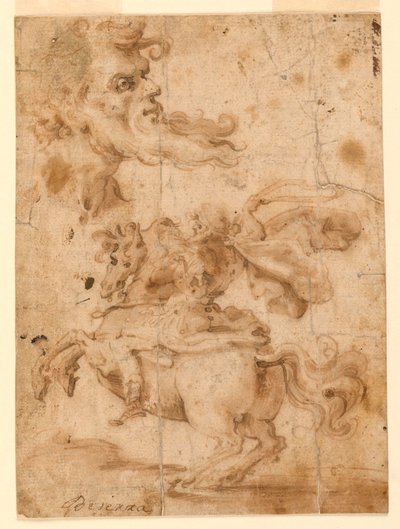 Disegno, Testa di uomo barbuto, uomo a cavallo, 1650 ca. da Paolo Emilio Besenzi