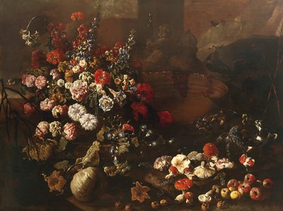 Natura morta con fiori, frutta, funghi e uccelli da Paolo Porpora