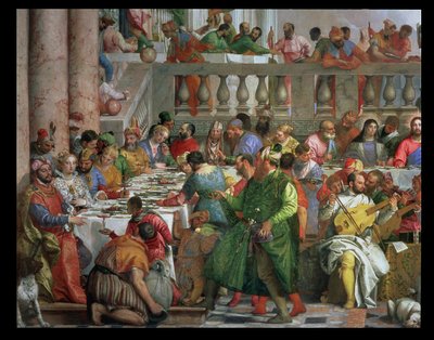 Le Nozze di Cana, dettaglio del tavolo del banchetto con uomo in veste verde e nano con pappagallo da Paolo Veronese