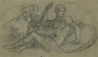 Figura maschile seduta con putto e armatura da Paris Bordone