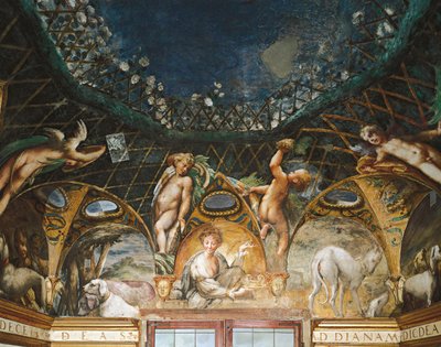 Cerere che assiste agli eventi circondata da cani da caccia e cherubini, da Mito di Diana e Atteone da Parmigianino