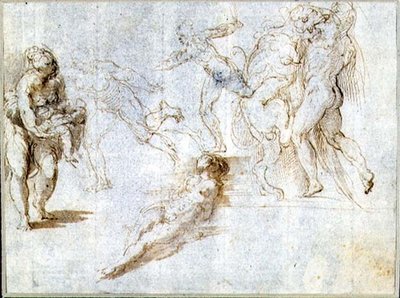 Studi di figure: donna che tiene un bambino; uomo inseguito da un altro; donna nuda sdraiata a terra; Ercole e il leone di Nemea da Parmigianino