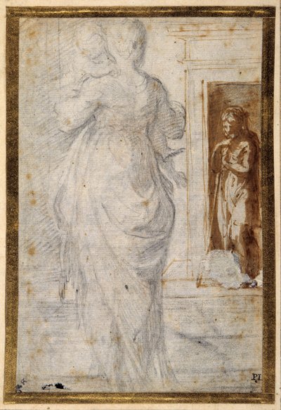 Vista posteriore di una donna che porta un bambino; un uomo appoggiato al suo bastone aspetta in una porta da Parmigianino