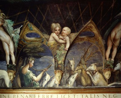 Dettaglio di un affresco della stanza di Diana (Artemide) e Atteone di Francesco Mazzola detto Il Parmigianino (1503-1540) per Paola Gonzaga e Galeazzo Sanvitale. Rappresenta una ninfa che suona il corno e cherubini e 