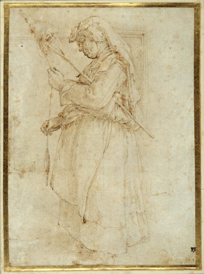 Vecchia donna con un fuso, in piedi davanti a un camino da Parmigianino