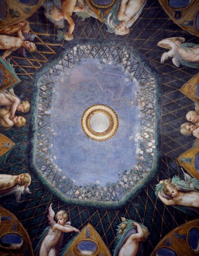 Putti e scorcio di cielo, 1524 circa, di Francesco Mazzola, detto il Parmigianino, affresco, volta della Sala di Diana e Atteone, Rocca Sanvitale, Fontanellato, vicino a Parma, Emilia-Romagna, (dettaglio) da Parmigianino