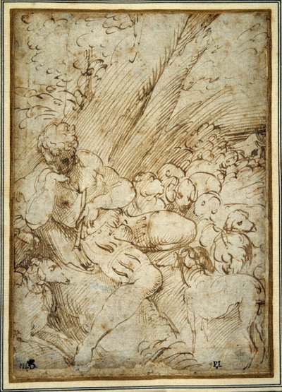 Pastorello con un flauto, riposando sotto un albero con il suo cane tra il gregge da Parmigianino