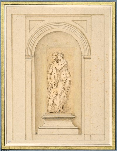 Due figure e un cupido circondati da una cornice architettonica successiva da Parmigianino