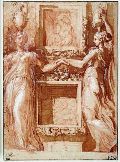 Due canefore che si danno la mano, su entrambi i lati delle scatole Disegno a inchiostro, lavaggio, sangue e alette bianche di Girolamo Francesco Maria Mazzola detto Parmigianino o Il Parmigianino da Parmigianino
