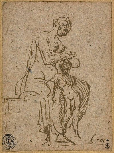 Donna che fa la pulizia di un bambino da Parmigianino