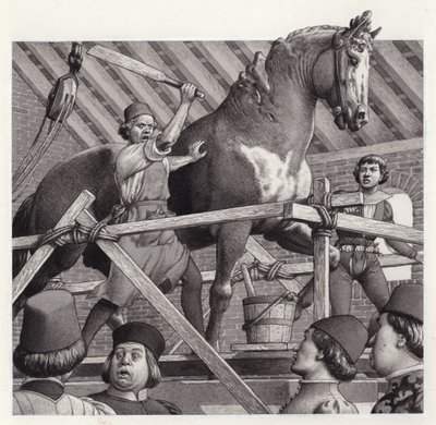 Andrea Verrocchio spacca la testa alla sua statua di cavallo (gouache su carta) da Pat (1907-95) Nicolle
