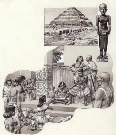 Imhotep "il buon medico" che dà consigli a un malato (gouache su carta) da Pat (1907-95) Nicolle