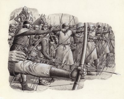 Longbowmen nella battaglia di Falkirk (gouache su carta) da Pat (1907-95) Nicolle