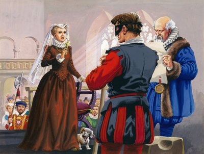 Maria Regina di Scozia in procinto di essere decapitata al castello di Fotheringay (gouache su carta) da Pat (1907-95) Nicolle