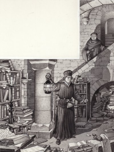 Poggio Bracciolini nella biblioteca trascurata del monastero di San Gallo (gouache su carta) da Pat (1907-95) Nicolle