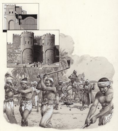 I lavori per la costruzione delle prime mura del Cairo iniziarono nel 969 d.C. (gouache su carta) da Pat (1907-95) Nicolle