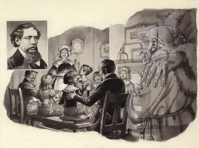 Canto di Natale di Charles Dickens (gouache su carta) da Pat (1907-95) Nicolle