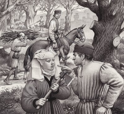 Una donna si trova nei guai quando taglia il ramo di un albero (gouache su carta) da Pat (1907-95) Nicolle