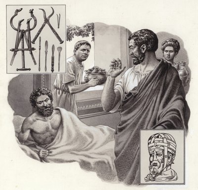 Il medico Galeno rischia la vita dicendo a un imperatore romano che ha mangiato troppo (gouache su carta) da Pat (1907-95) Nicolle