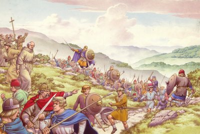 Il re Aethelfrith invia un soldato a massacrare milleduecento monaci (guazzo su carta) da Pat (1907-95) Nicolle