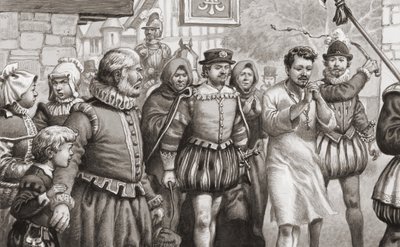 Re Enrico III di Francia che fa penitenza camminando per le strade di Parigi con una camicia di pelo mentre viene frustato (gouache su carta) da Pat (1907-95) Nicolle