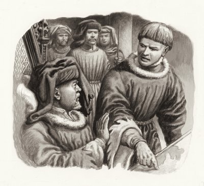 Re Enrico IV e il principe Hal (guazzo su carta) da Pat (1907-95) Nicolle