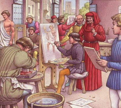 Lorenzo de Medici visita la scuola per artisti (guazzo su carta) da Pat (1907 95) Nicolle