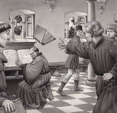 Poggio Bracciolini lancia un libro contro un compagno di studi, Tortelli (gouache su carta) da Pat (1907-95) Nicolle