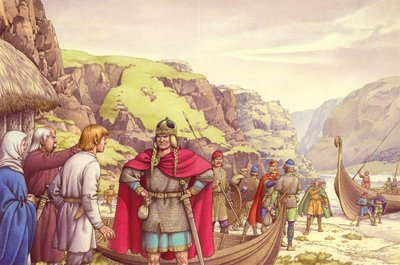 Ragnar Lodbrok, uno dei primi vichinghi a fare incursione in Gran Bretagna (gouache su carta) da Pat (1907-95) Nicolle