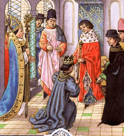 Riccardo II che rassegna la sua corona a Enrico Bollingbroke, poi Enrico IV da Pat (1907-95) Nicolle