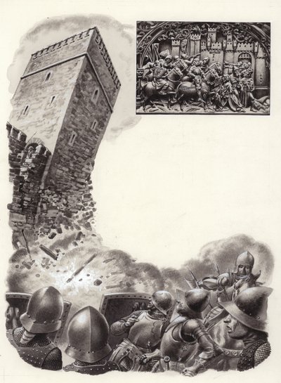 Soldati spagnoli che fanno saltare le fortificazioni con la polvere da sparo (guazzo su carta) da Pat (1907-95) Nicolle