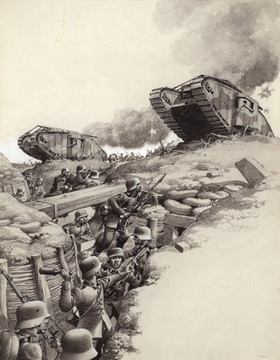 Carri armati rotolano sulle trincee tedesche durante la Grande Guerra (gouache su carta) da Pat (1907-95) Nicolle