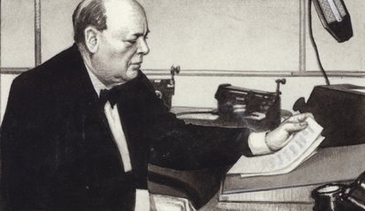 Winston Churchill fa una delle sue famose trasmissioni radiofoniche in tempo di guerra (gouache su carta) da Pat (1907-95) Nicolle