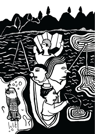 Cattura di un pesce, 2014 (inchiostro e pennello) da Pat Macdonald