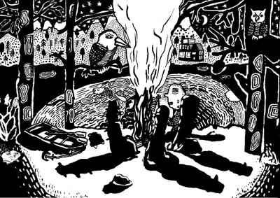 fuoco nel bosco, 2014 (inchiostro e pennello) da Pat Macdonald