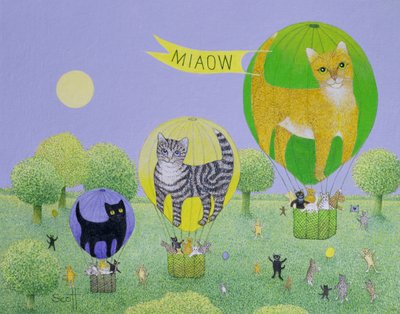 Gara di gatti con palloncini (acrilico su tela) da Pat Scott