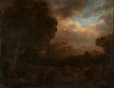 Vista lontana di Edimburgo, con viaggiatori in primo piano da Patrick (attr.to) Nasmyth