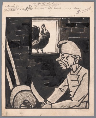 Uomo affila un coltello mentre il gallo francese canta da Patricq Kroon (signed by artist)