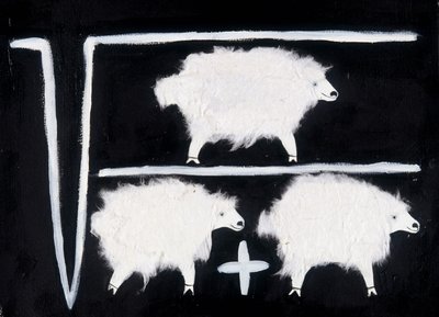 Clonazione: Un simbolo matematico che rappresenta le operazioni di radice quadrata, divisione e addizione con pecore usate come cavie. Collage di cotone bianco su sfondo nero. da Patrizia La Porta