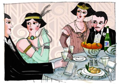 Illustrazione che raffigura una cena mondana in "Il grande Gatsby" dello scrittore americano Francis Scott Fitzgerald (1896-1940) Disegno di Patrizia Laporta da Patrizia La Porta